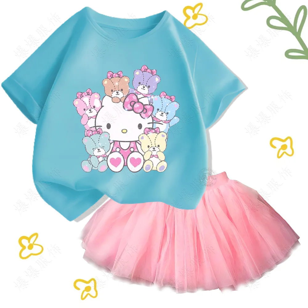 Children\'s clothing Cotton T-shirt sets cartoon print Hello kitty fashion cute tops and girls two-tone puffy tulle skirt dress