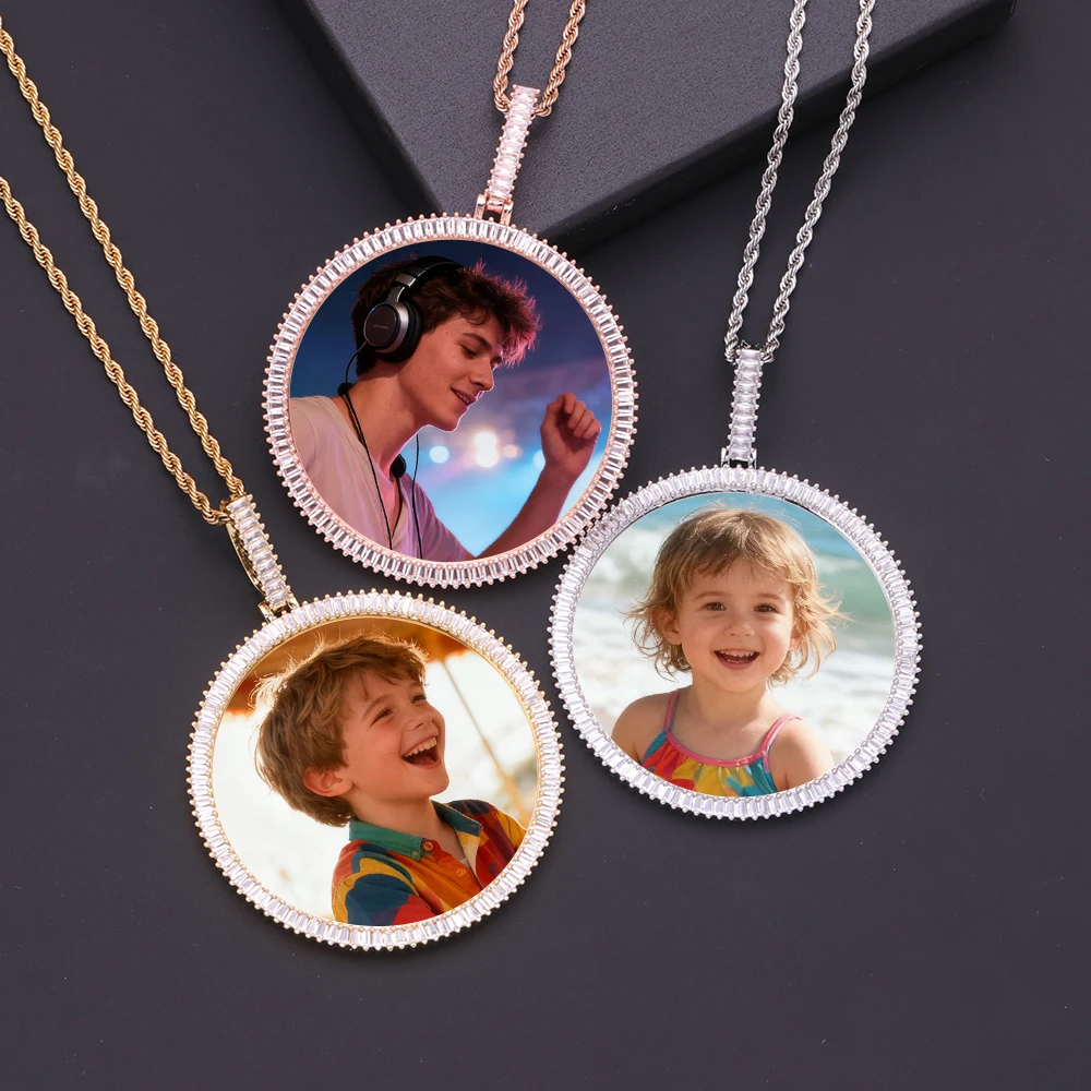 

Роскошные круглые подвески с фотографией 68 мм XL, персонализированные индивидуальные подвески с памятью Iced Out Lab Diamond, семейное фото, круглое очаровательное ожерелье, ювелирные изделия