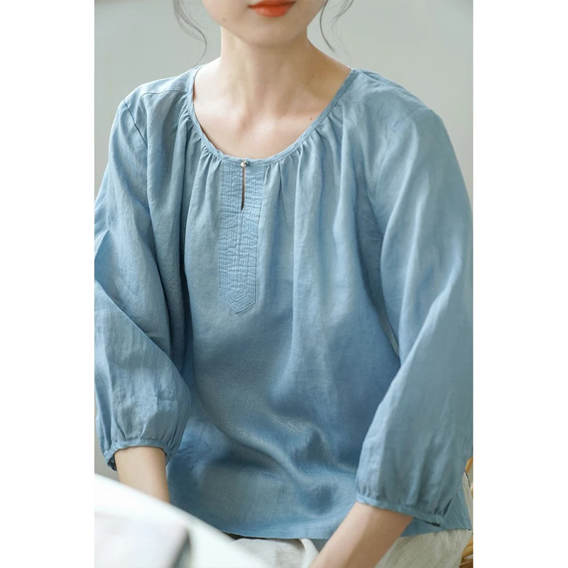 

Retro Hemp irt Nebula Blue Loose Fit Versatile Slimming Summer Top for Women by Ni Yun Chang 2024 Seasonal Collection