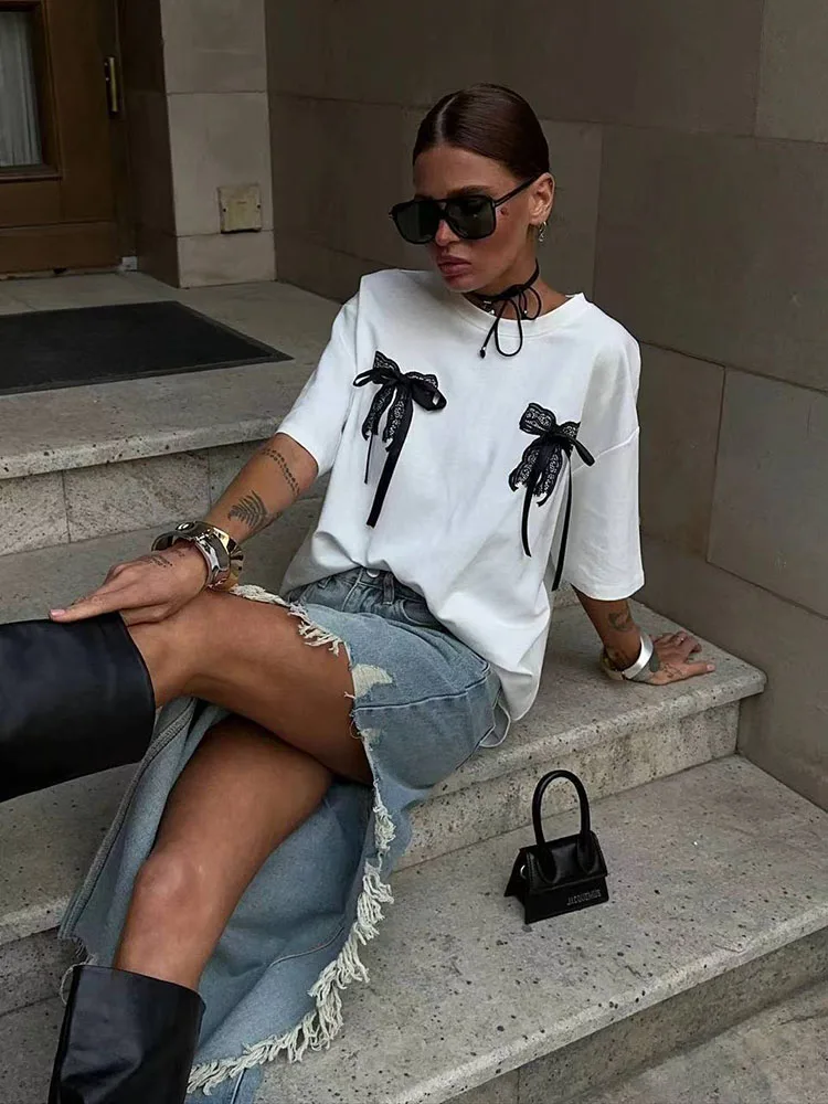 Cotton Mid Length Summer Tees Streetwear Plus Size T Shirt Women Harajuku BF Loose White Printed Short sleeve T Shirt Female