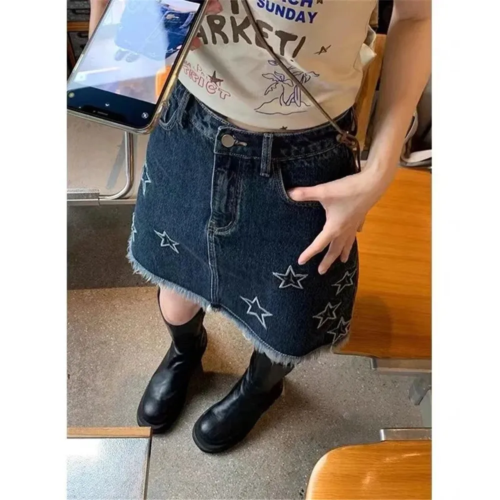 

Vintage Star Embroidery Tassel Denim Skirts For Women Chic Summer Jupe Faldas Mujer High Waist Casual Bodycon Jeans Mini Skirt