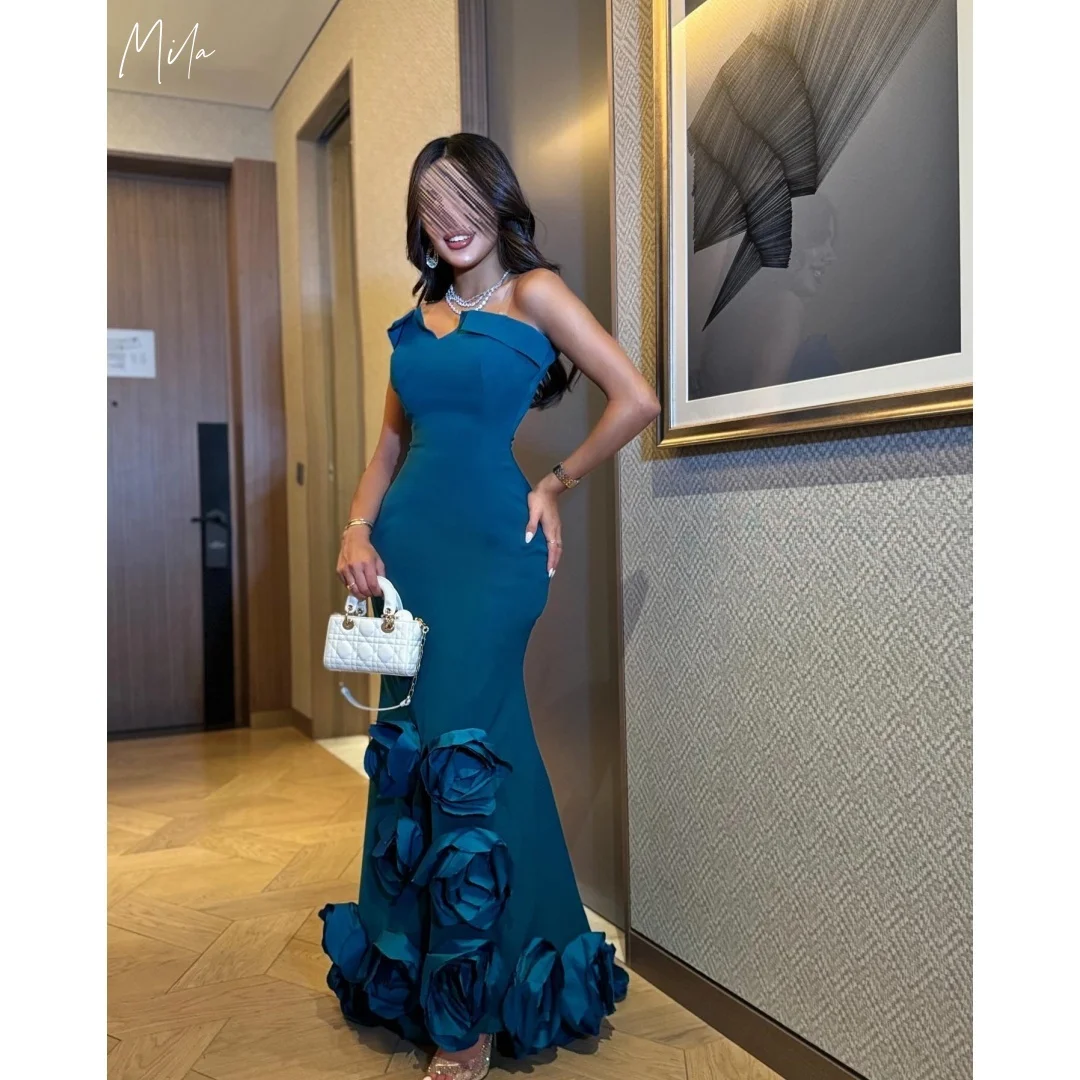 

Mila Blue Prom Dresses Mermaid 3d Flowers Customized Formal Evening Strapless Backless Sleeveless Floor-Length vestidos de gala