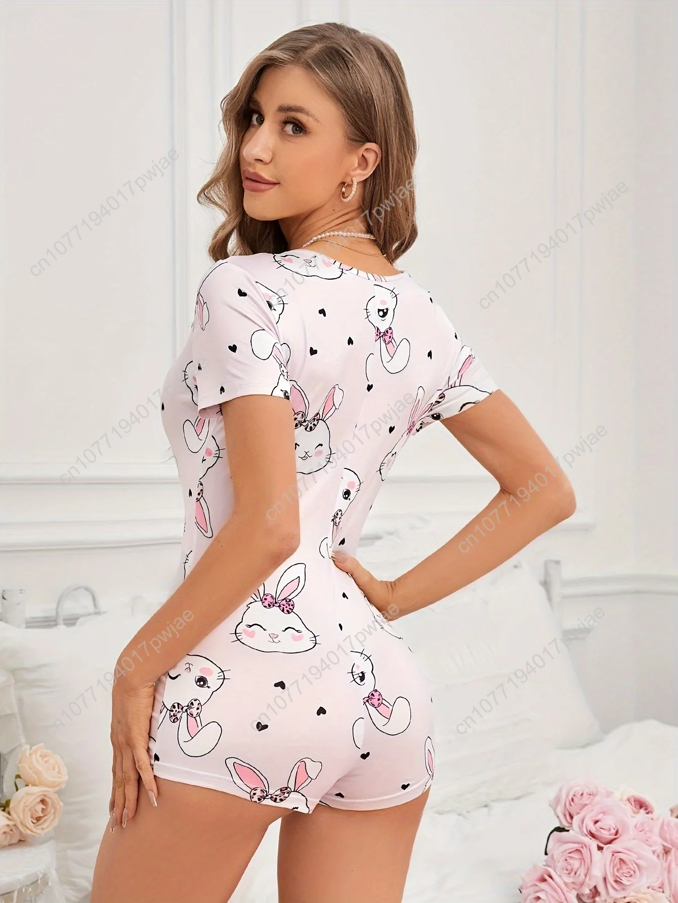 Primavera/verão adulto casual com decote em V malha tecido macacão com estampa animal, poliéster, detalhes de botão, design de coelho