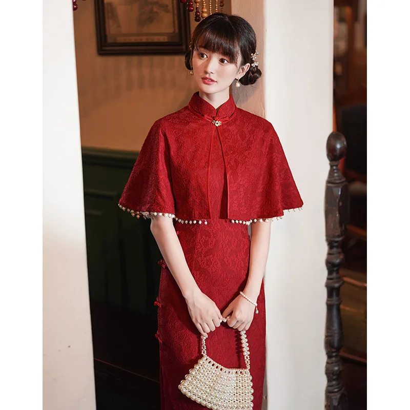 

Yourqipao Red Chinese Traditional Cheongsam 2023 New Lace Wedding Toast Dress with Shawl Formal Engagement Qipao Women Dress