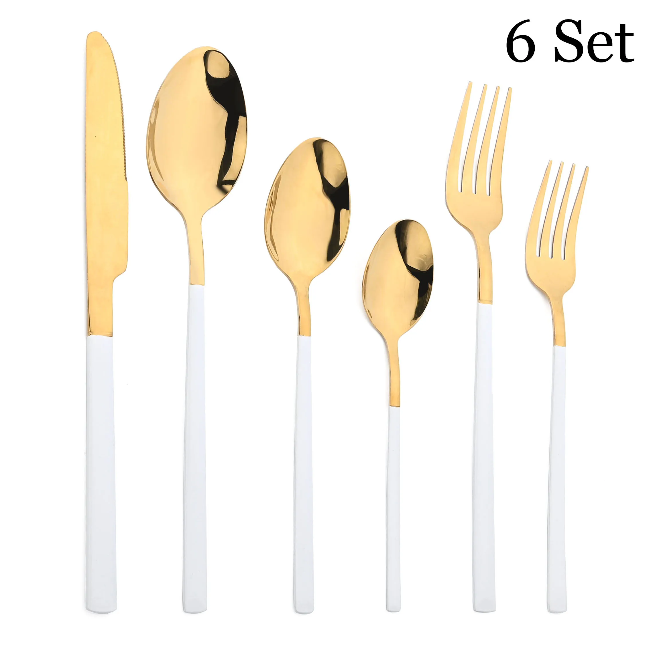 

6Set Dinnerware Set White Gold Knife Fork Dessert Tea Spoon Cutlery Stainless Steel Silverware Flatware Dinner Set for 6 Users