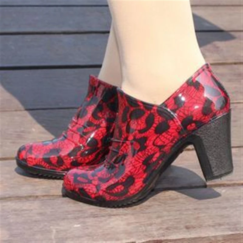 New Women Gumboots High-heeled Rain Boots Short Tube Galoshes Waterproof Wellies Shoes