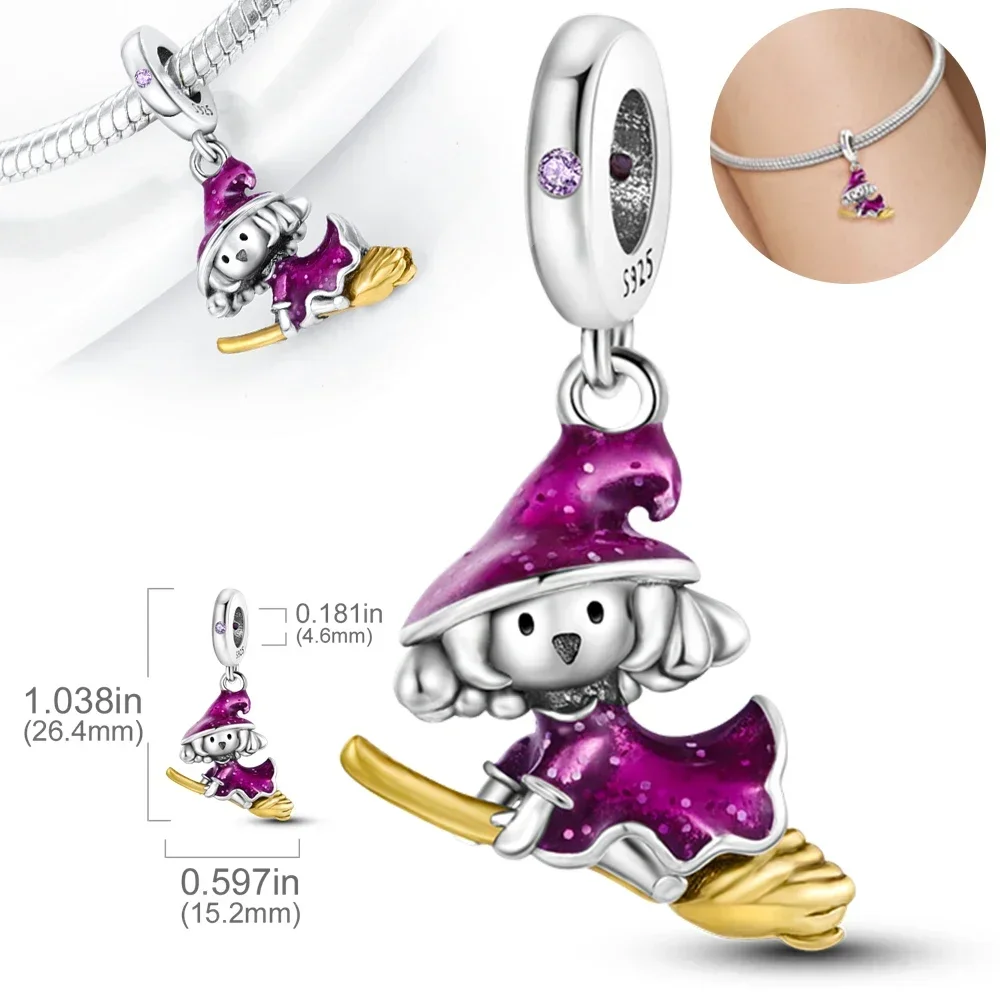 925 Silver Plated Halloween Glowing Magic Hat Witch Black Cat Pumpkin Pendant Beads Fit Original Bracelet Jewelry Gift