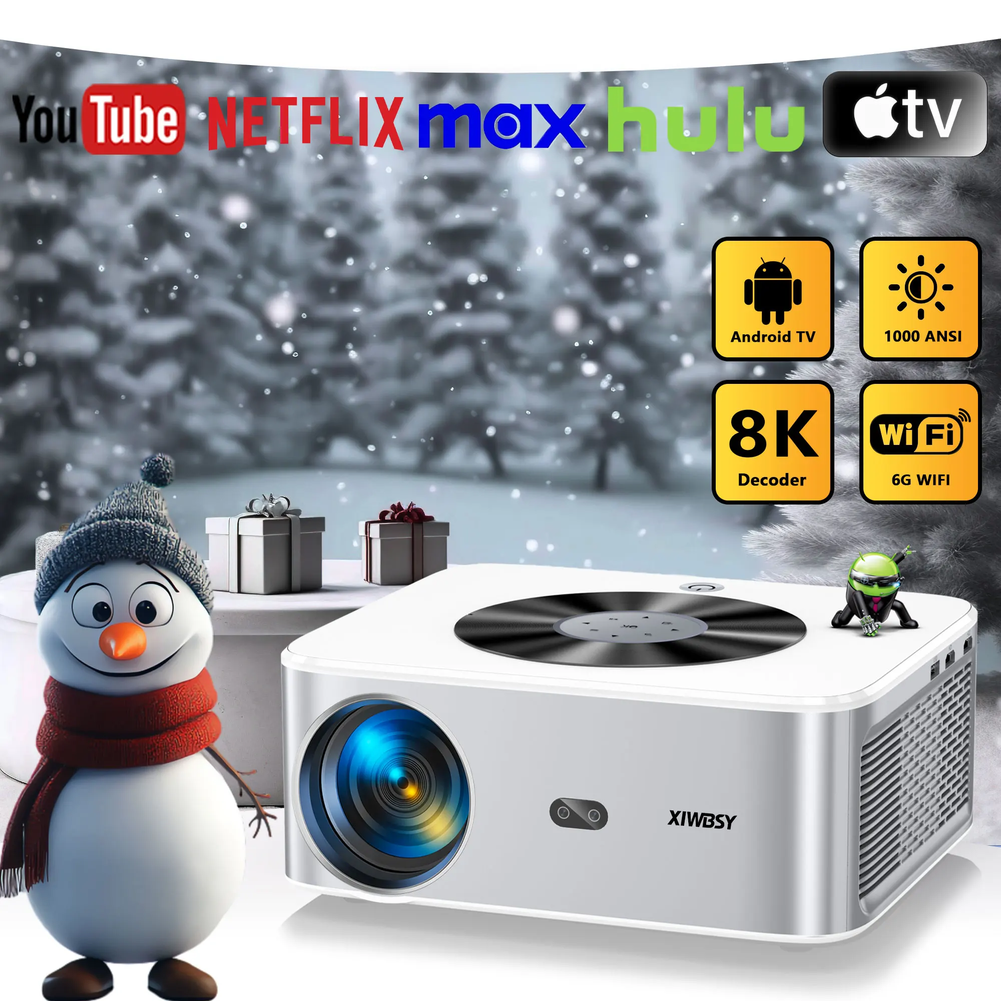 XIWBSY 1000ANSI Portable Projector 25000Lumens Auto Focus/Keystone Android Projector 4k Video Home Theater Cinema Proyector