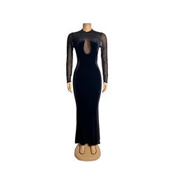OMSJ Black Velvet Mesh Perspective Long Sleeves Bodycon Sexy Gown Maxi Dress For Women Fashion Clubwear Birthday Elegant Outfits