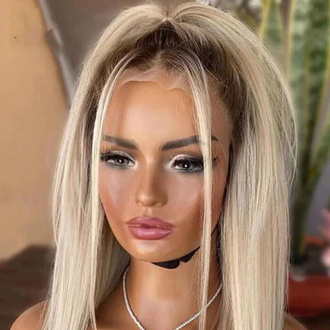 White Light Blonde Synthetic Lace Top Wigs For Women Shoulder Natural Straight Realistic Look Hairline Full Wigs With Dark Roots