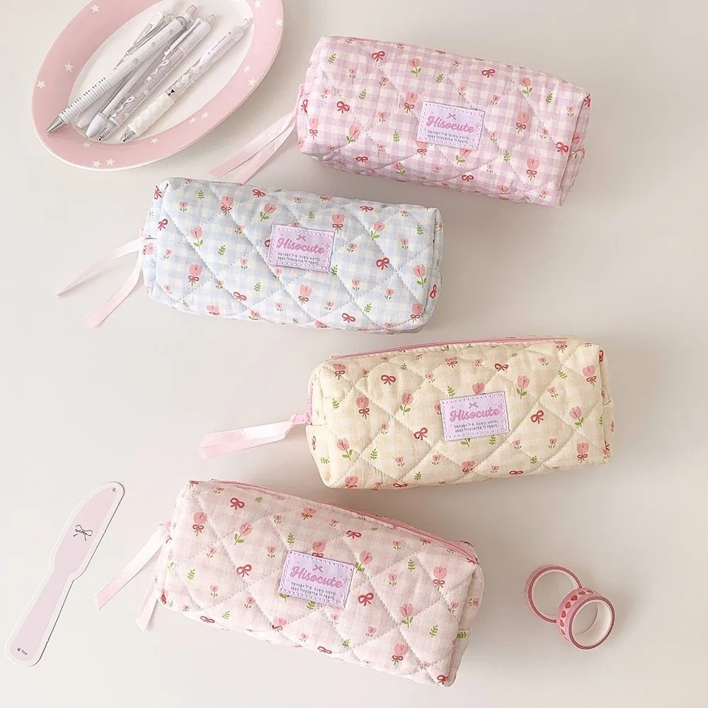Floral Pattern Pencil Case Zipper Closure Wrist Strap Stationery Case Multi-Compartment Bow Pattern Zipper Pouch