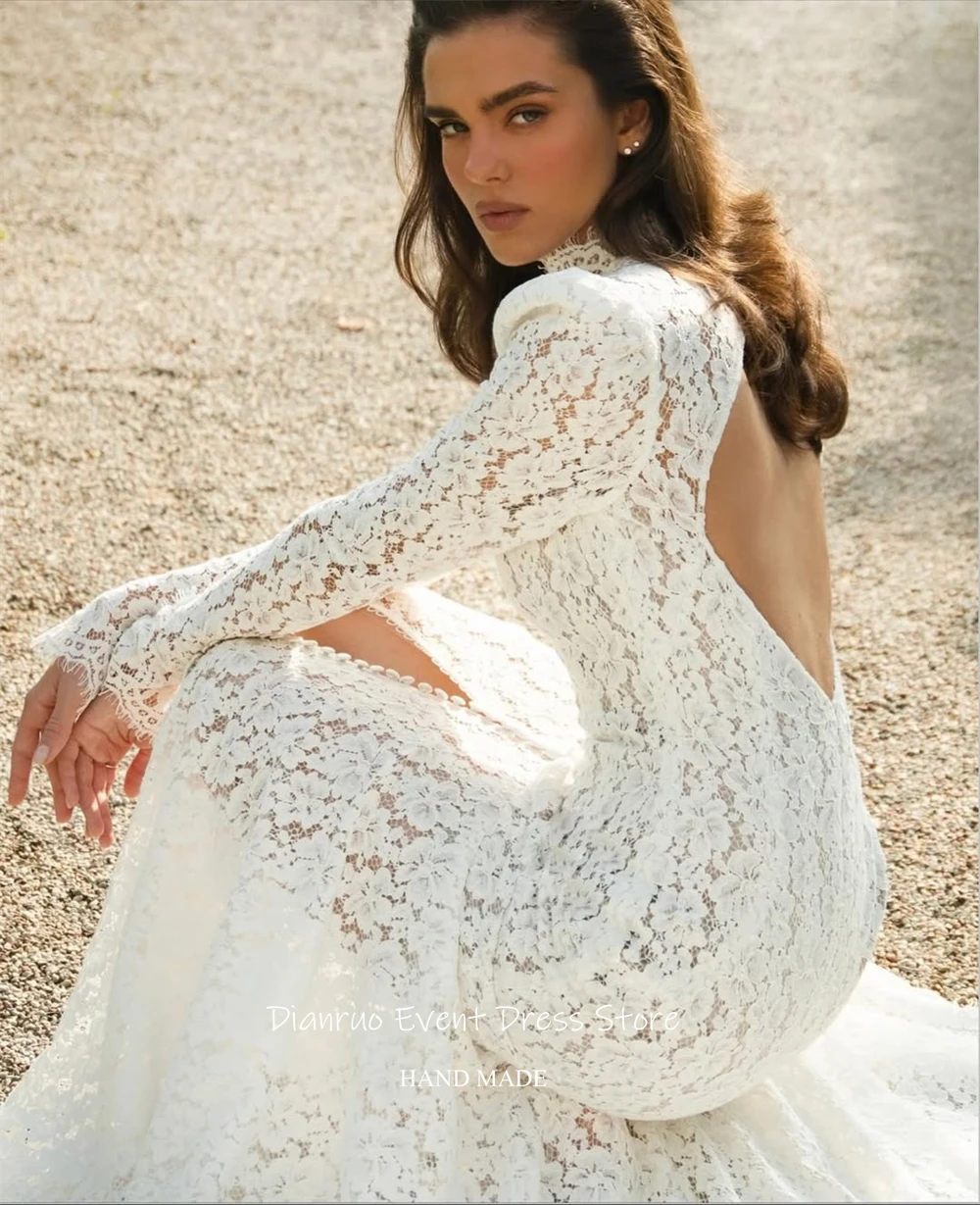 Dianruo Backless Long Sleeves Bridal Wedding Dress Floor Length Mermaid Vestido Novia Civil High Neck Robe De Mariée Customized