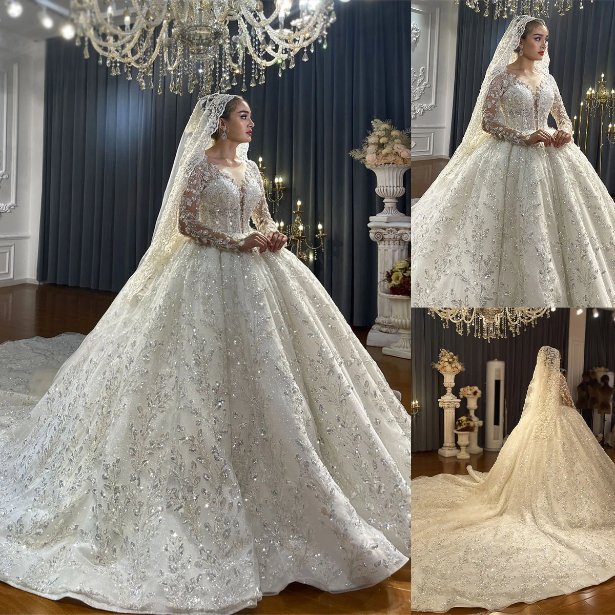 

Gorgeous A-Line Wedding Dress For Women Appliques Sequins Bridal Gown O-Neck Skirt Court Train Long Sleeves Dresses