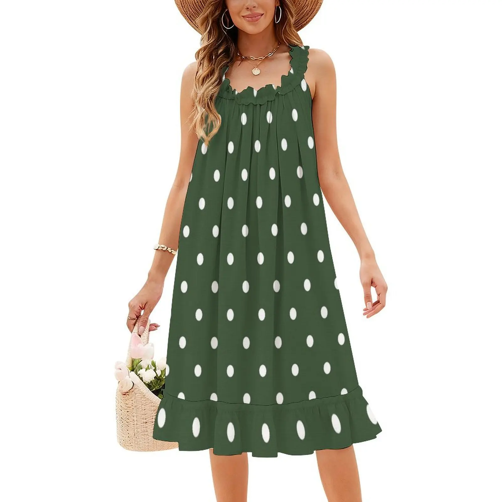 منقطة: فستان كاجوال على الطراز الكوري باللون الأخضر الصنوبر للنساء فساتين مكتب يومية بسيطة للسيدات على شكل دائرة منقطة #4