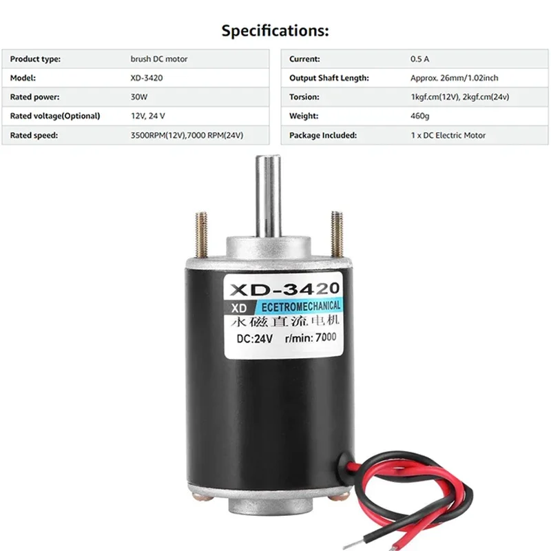 XD-3420 12V 3500RPM Permanent Magnet DC Motor,24V 7000 RPM High Speed Motor,30W Miniature Motor,DC Speed Regulating Motor