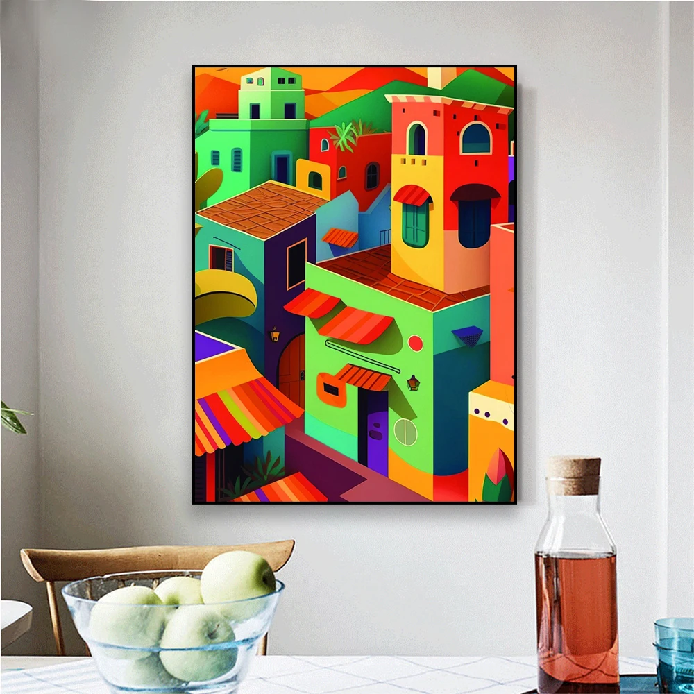 Mexican Village Cartoon Art Canvas Print Travel Poster Colorful Mexico Landscape Wall Art Canvas Painting Home Office Decoration