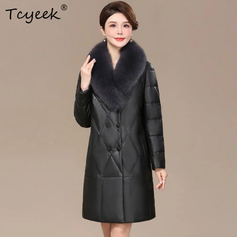 Tcyeek véritable peau de mouton duvet de canard blanc automne hiver col en v longueur moyenne veste en cuir véritable pour femme Ж Jayaжаğlu Куртка