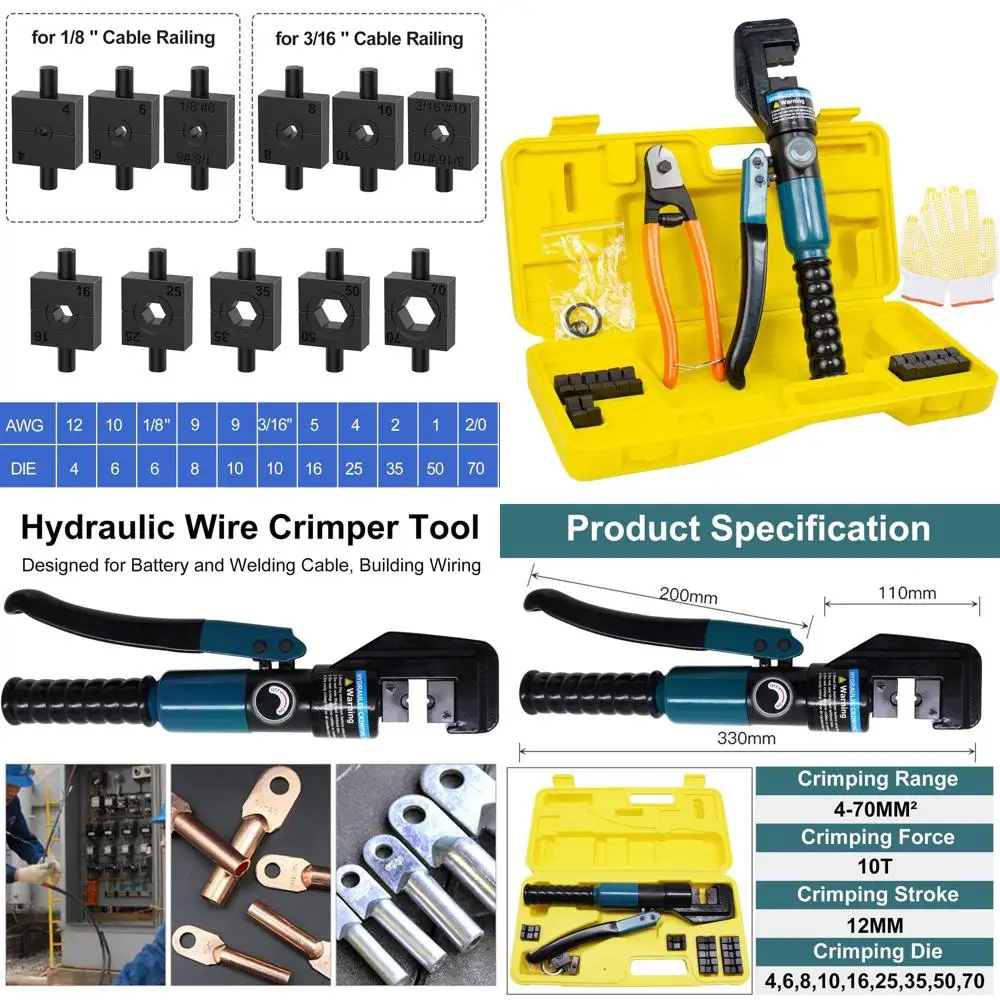 

10 Ton Capacity Hydraulic Crimping and Cable Cutting Tool with 11 Dies for 1/8 to 3/16 Wire Lugs and Railing Hardware