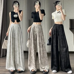 Ink Print Satin Pants Women's Summer Ice Silk Wide Leg Pants High Waist Loose Dipping Straight Casual Cool Pants