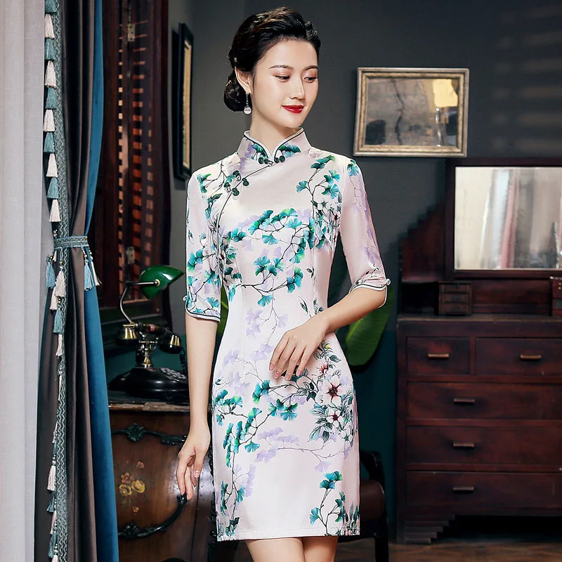 Cheongsam Qipao Women's Dress Spring New High Quality Real Silk Printing Improved Mid-Sleeve