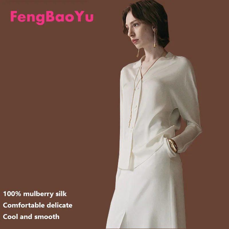 

Fengbaoyu Silk Women's Shirt - Long-sleeved V-neck, Elegant Style, Business Casual Wear, Soft Fine Smooth, Cool and Comfortable
