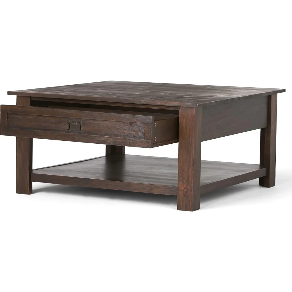 Monroe SOLID ACACIA WOOD 38 Inch Wide Square Rustic Coffee Table in Distressed Charcoal Brown, For the Living Room and Family R