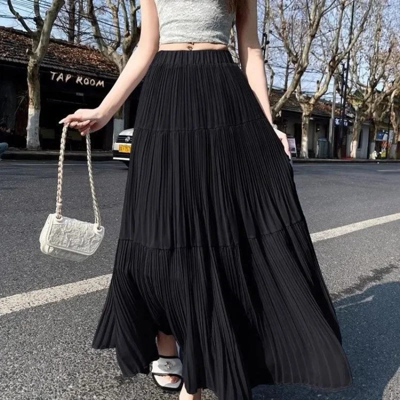 New Summer Japanese Korean Style Purple Midi Dress High Waist Slim Pleated Skirt Solid Casual Mesh Long Dress Women's Clothing