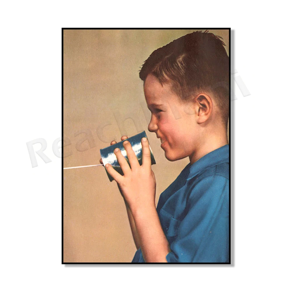 Tin Can Phone Print, Girls and Boys Siblings Prints and Posters Wall Art Pictures Living Room Home Decor