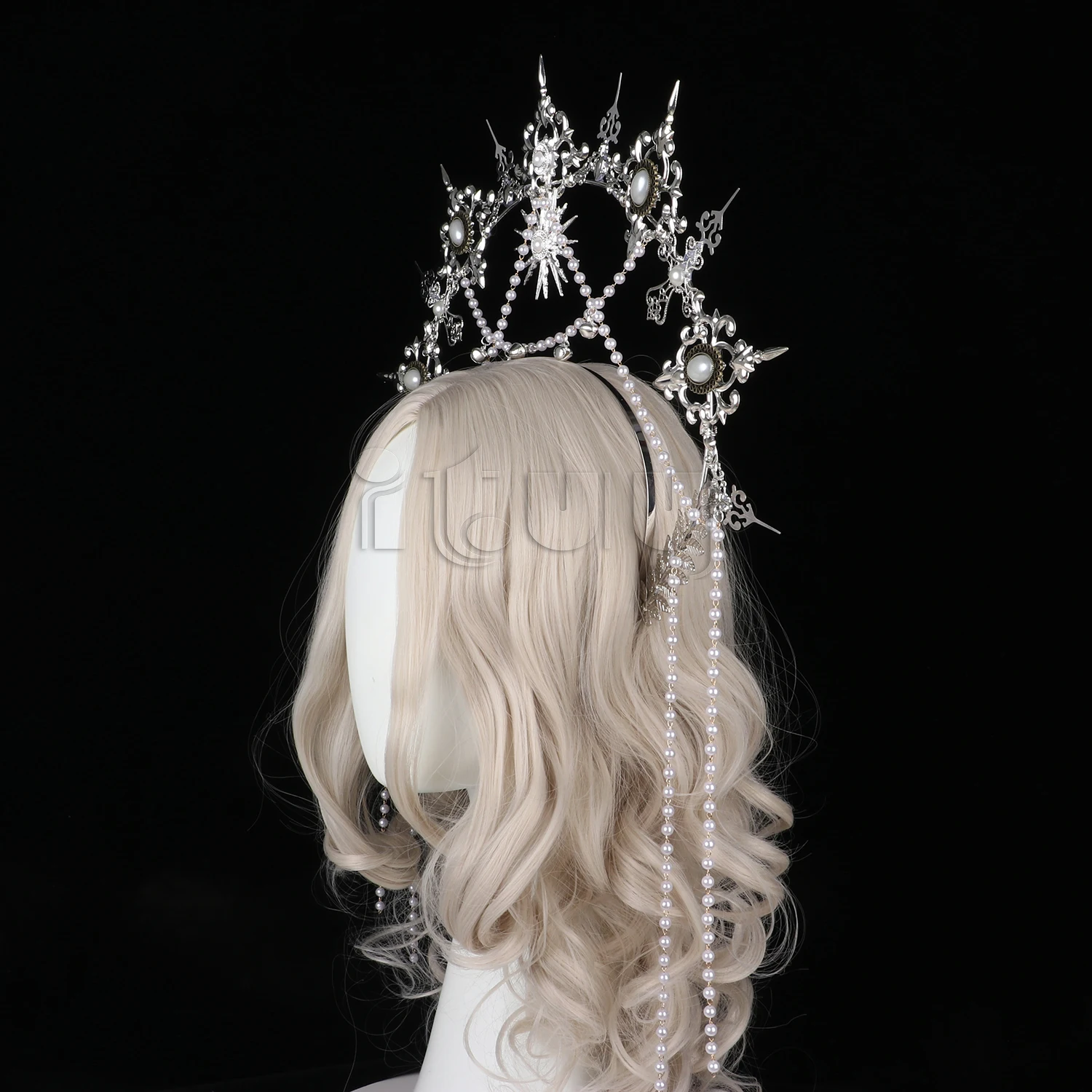 シルバーゴシックkcハロークラウンヘッドピースロリータ太陽女神の女王バロックティアラハロウィンヘッドバンドヘアアクセサリー