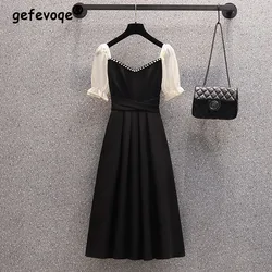 Elegant Fashion Beading Square Collar Vintage Dress Korean Solid Color Puff Sleeve All-match Waist Dresses Women's Clothing 2023