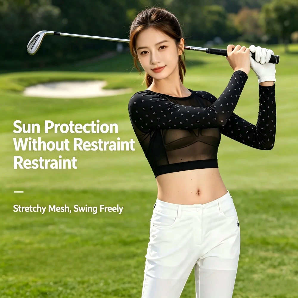 SG Women Golf Thin Sunscreen Shawl Printed Ice Silk Long Sleeve Crop Tops Anti-UV Round Neck Undershirt Ladies Golf Clothing