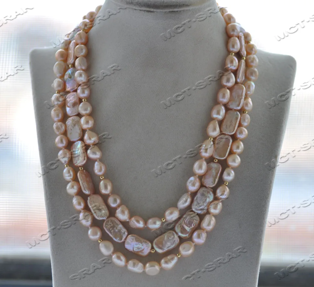 

Z12021 3Row 19'' 18mm Pink Square Coin Baroque Freshwater Pearl Necklace