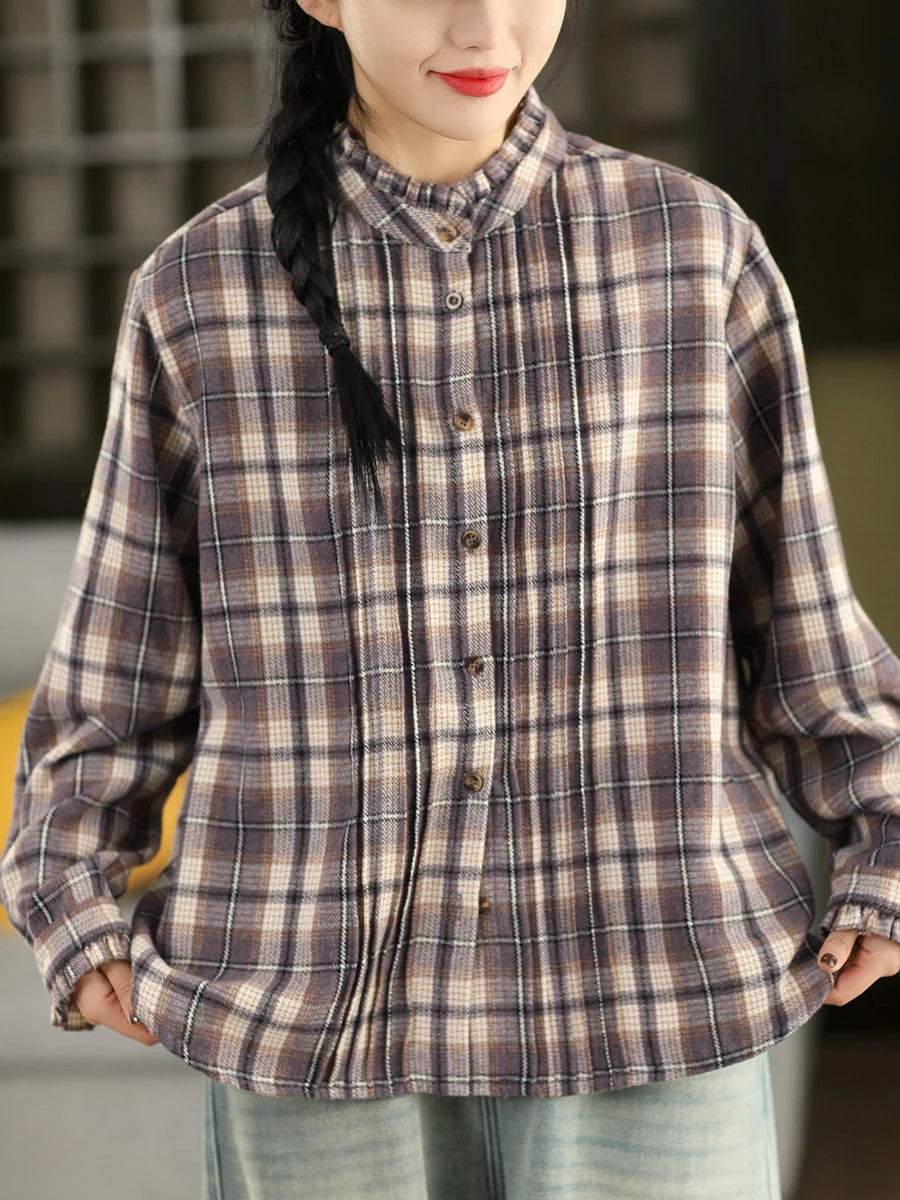 

Высококачественная женская рубашка из шерстяной смеси в клетку, весенняя, художественная, с деревянным воротником, свободного кроя, с длинными рукавами, дышащая, тонкая