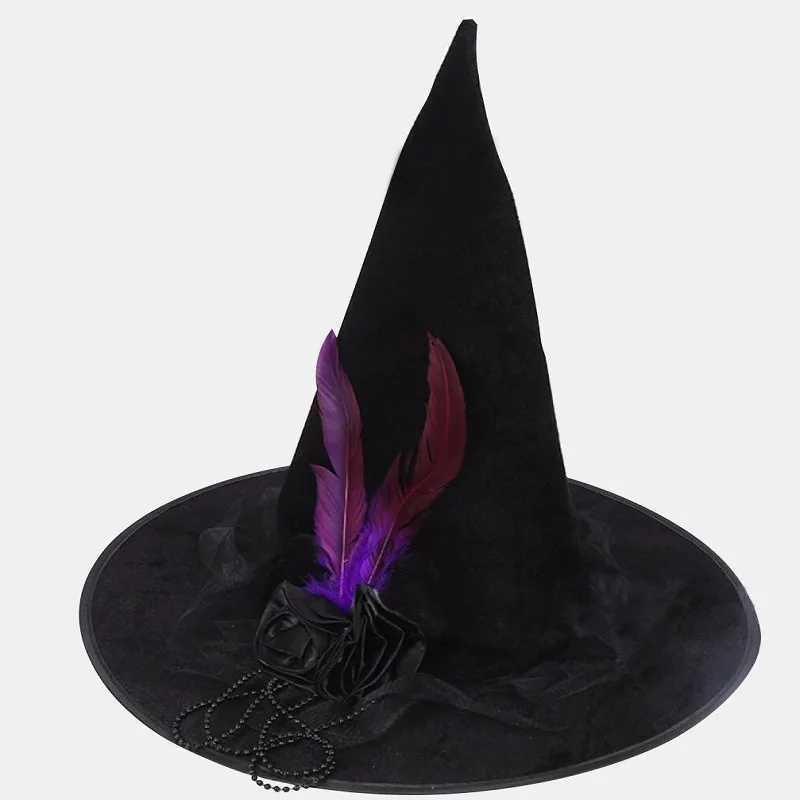 Magic Wizard Hat Stage Performance Clothing Headwear Black Rose Feather Decoration Witch Hat Magical Girl Lolita Witch Hat