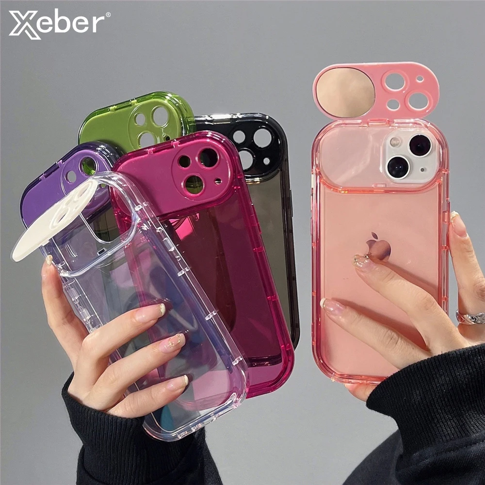 Invisible Fold Mirror Stand Holder Transparent Phone Case For iPhone 15 Pro Max 14 13 11 12 Pro XS Candy Color Protection Cover