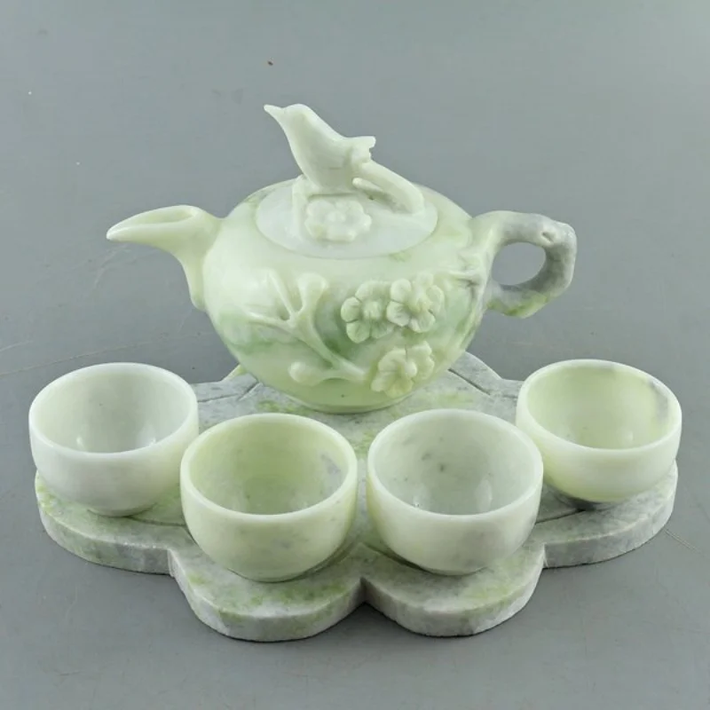 Chinese Handmade Carved Lantian Jade Tea Set Gift Crafts Home Furnishings Desktop Ornaments