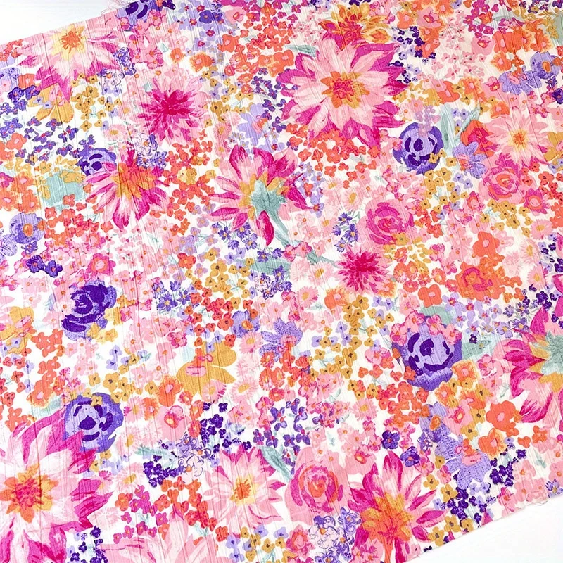 2 Yards Pastoral Pink Oil Painting Small Floral Oil Painting Pleated Tencel Linen Fabric Shirt Dress Fabric