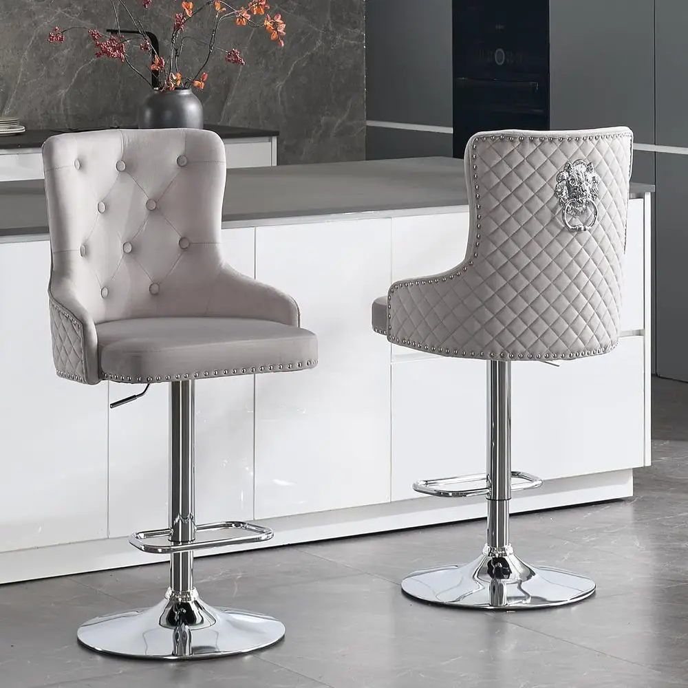 Swivel Upholstered Bar Stools Set of 2 with Lion Pull Ring, High Back, Grey