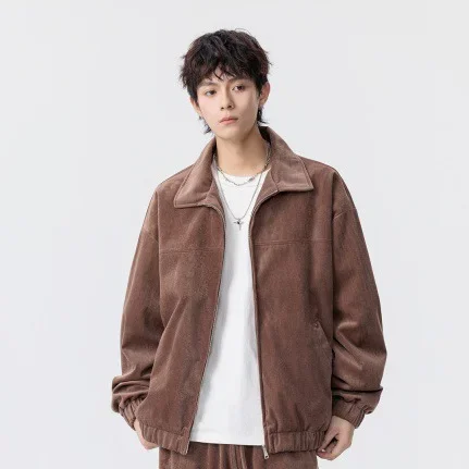 

Autumn Man Jacket American Retro Simple Solid Color Long Sleeve Male Coat Turn Down Collar Zipper Loose Casual Men Outerwear