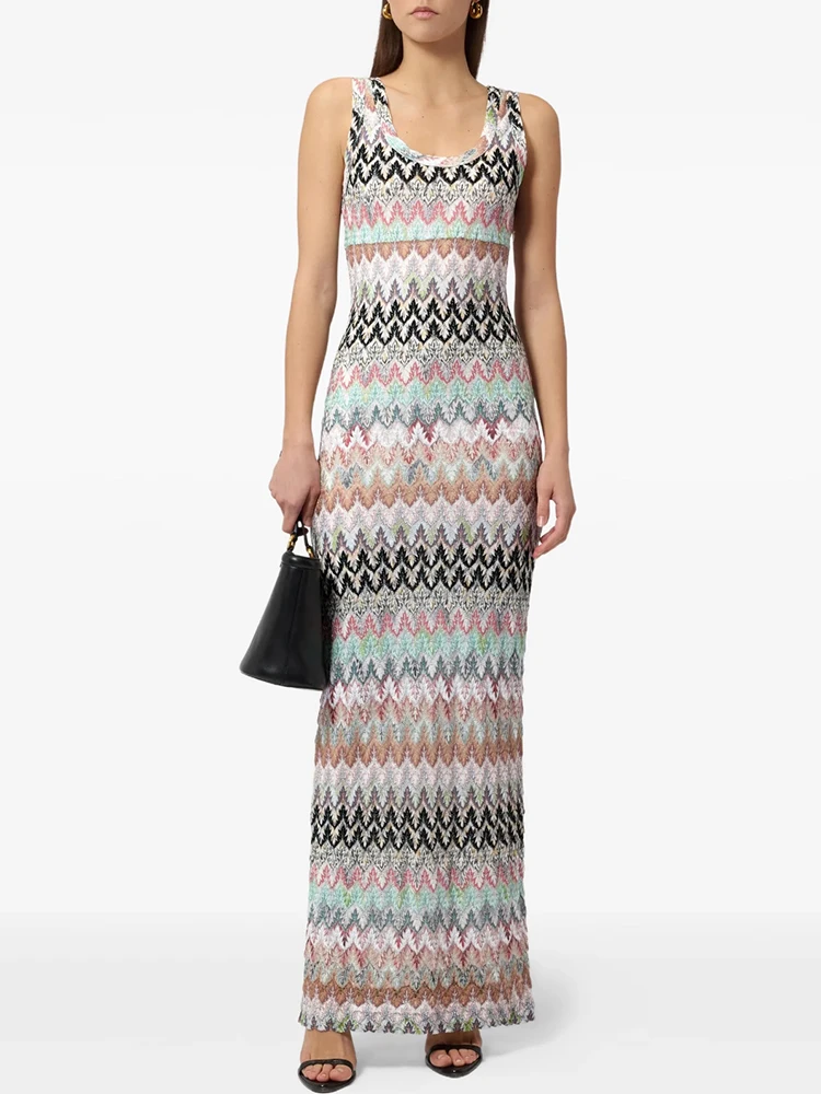 Summer Fashion Party Zigzag Pattern Knitting Vintage Floor-Length Dress Women's O-Neck Sleeveless High Waist Slim Long Dresses