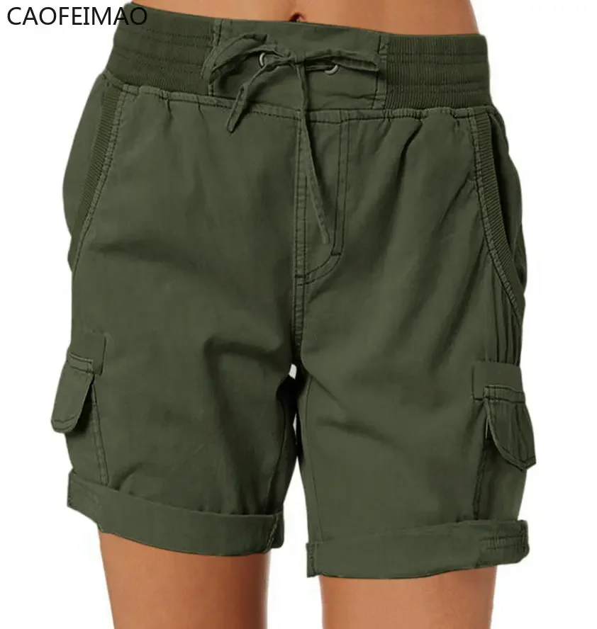 Women Shorts Cargo Pants Shorts Elastic Waist Short Pants Cotton Linen Pocket Summer Beach Solid Color Sliming Comfot Breathable