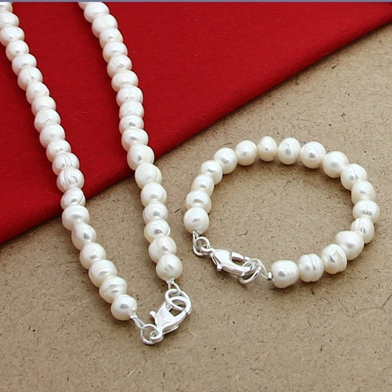 6mm-8mm Natural Pearl Beaded Chain 925 Silver Clasp Necklace Bracelet Set For Women\'S Wedding Engagement Party Jewelry Set