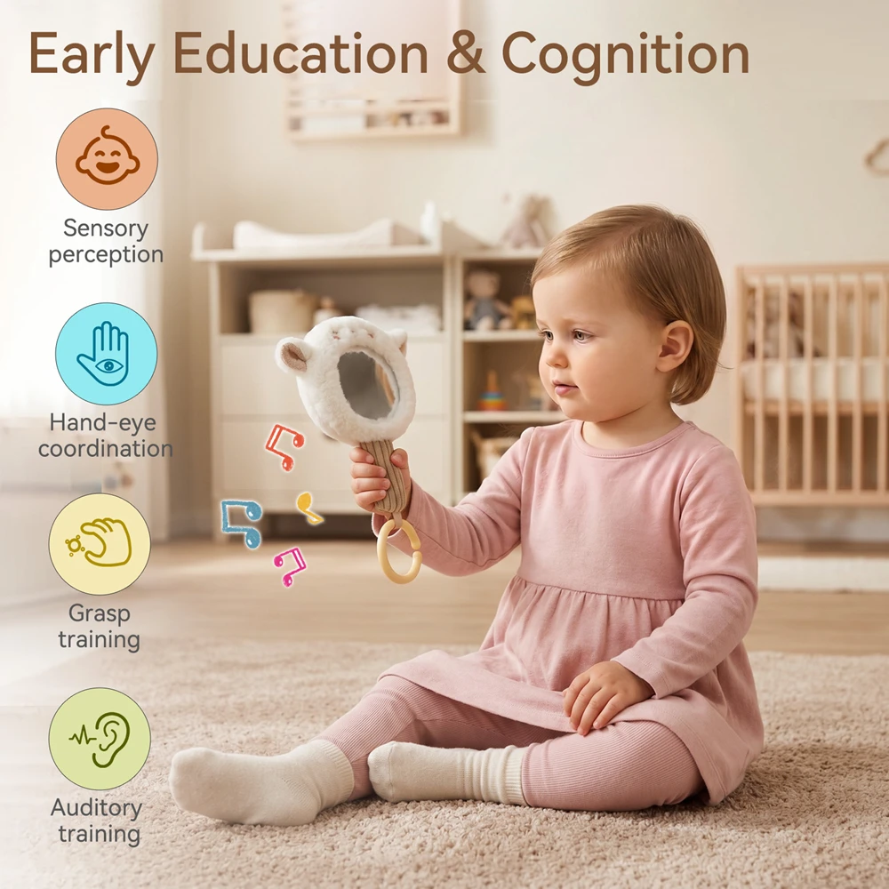 Baby Plush Bunny Handheld Mirror Rattle Toys High Definition Mirror Built in Bell Detachable Mirror Sensory Toys Newborn Gifts