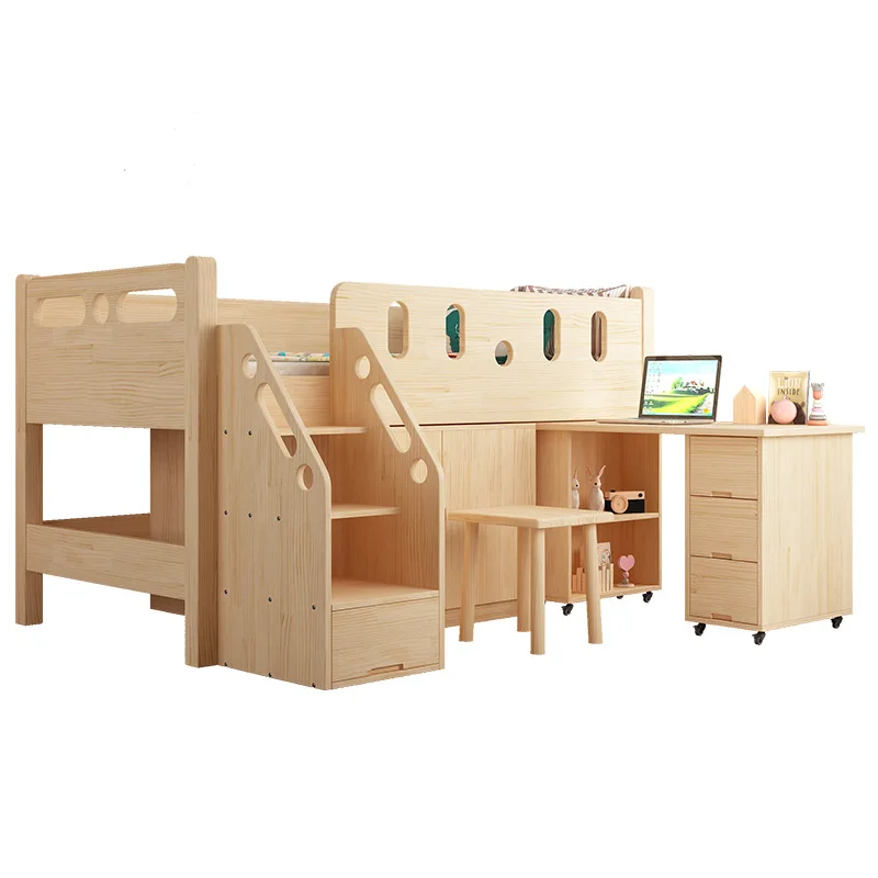 Full solid wood  bed half-height bed with wardrobe multi-functional bed under table girl desk cabinet