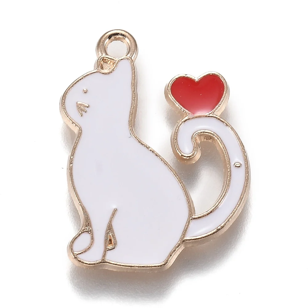 5Pcs Cat with Heart Enamel Pendant Cute Cartoon Kitten Animal Hang Ornament For DIY Necklace Bracelet Jewelry Making 25x20x1.5mm