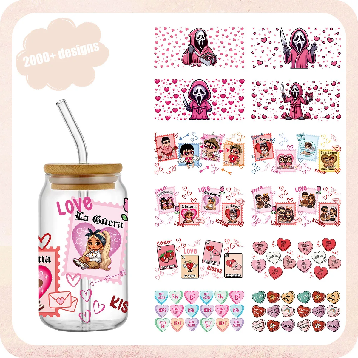 

Valentine's Day Cholo Couple UV DTF Transfer Sticker Waterproof Transfers Decals For 16oz Glass Cup Wrap Stickers