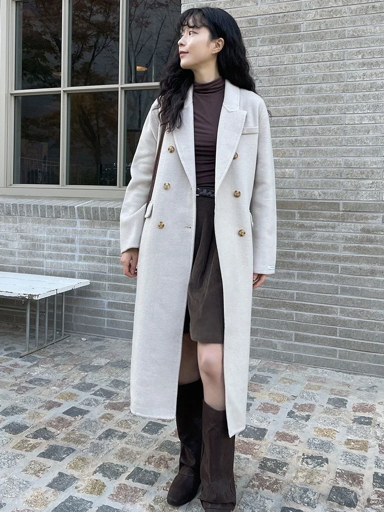 

Длинное шерстяное пальто Ele для женщин с двубортным воротником с клапаном, шикарная верхняя одежда, чистый цвет, осенний сезон