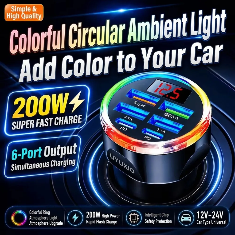 6 in 1 Multi USB Car Charger Plug Trending for iPhone 18 17 16 Samsung S26 S25 S24 with LED Digital Display RGB Ambient Light