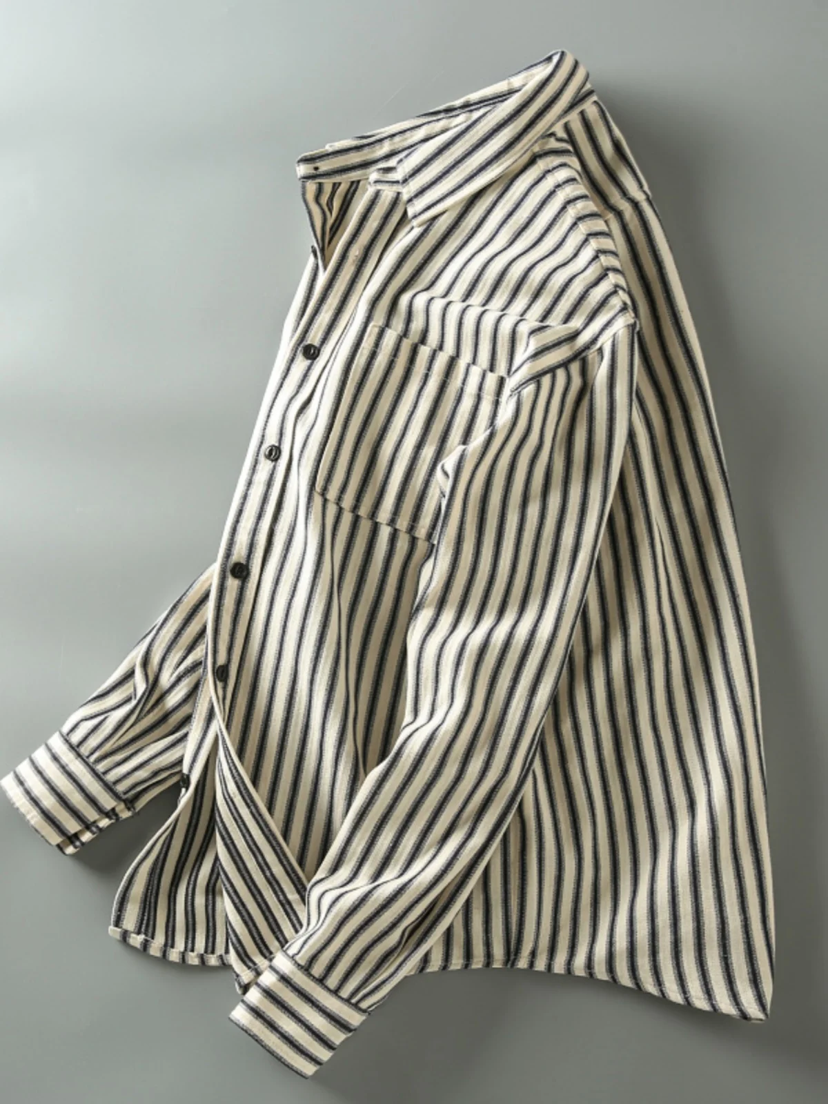 

American Retro Men's Long Sleeve Shirt Loose Fit Cotton Twill Texture Striped Outerwear Autumn Season Casual Fashion