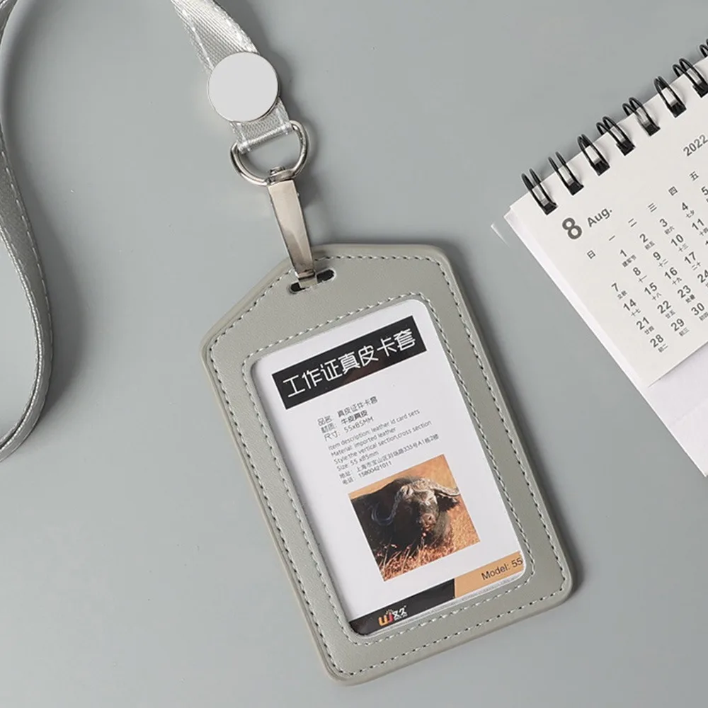 حامل بطاقة عمل من الجلد الطبيعي عالي الجودة مع حبل للرقبة بلون سادة وغطاء لبطاقة الهوية ومستلزمات العامل المكتبي #1